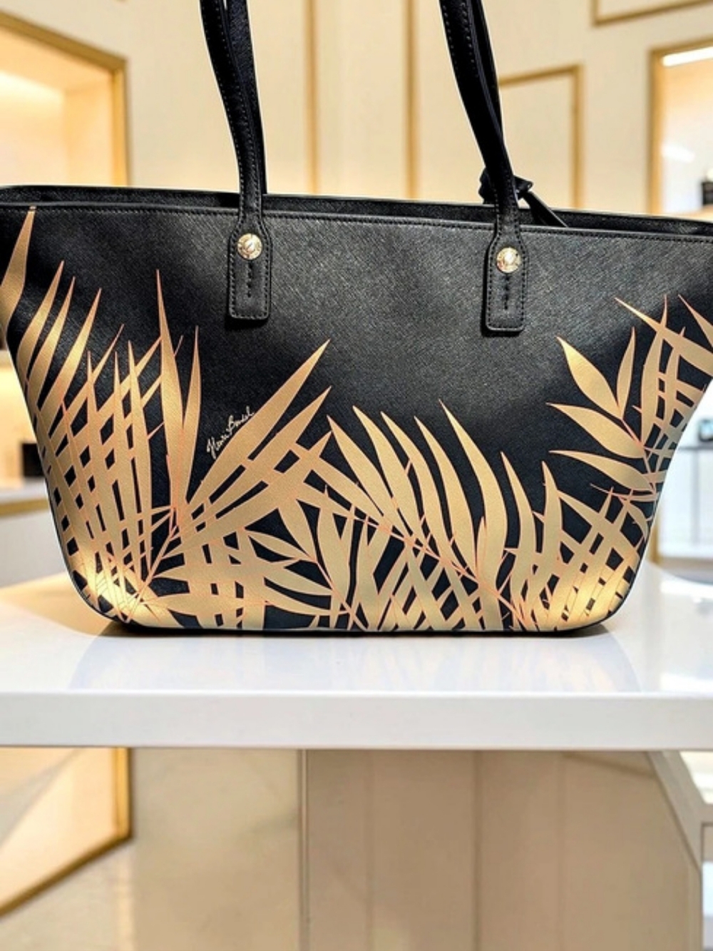 Henri Bendel West 57th Metallic Palm Open Tote Black Gold EUC